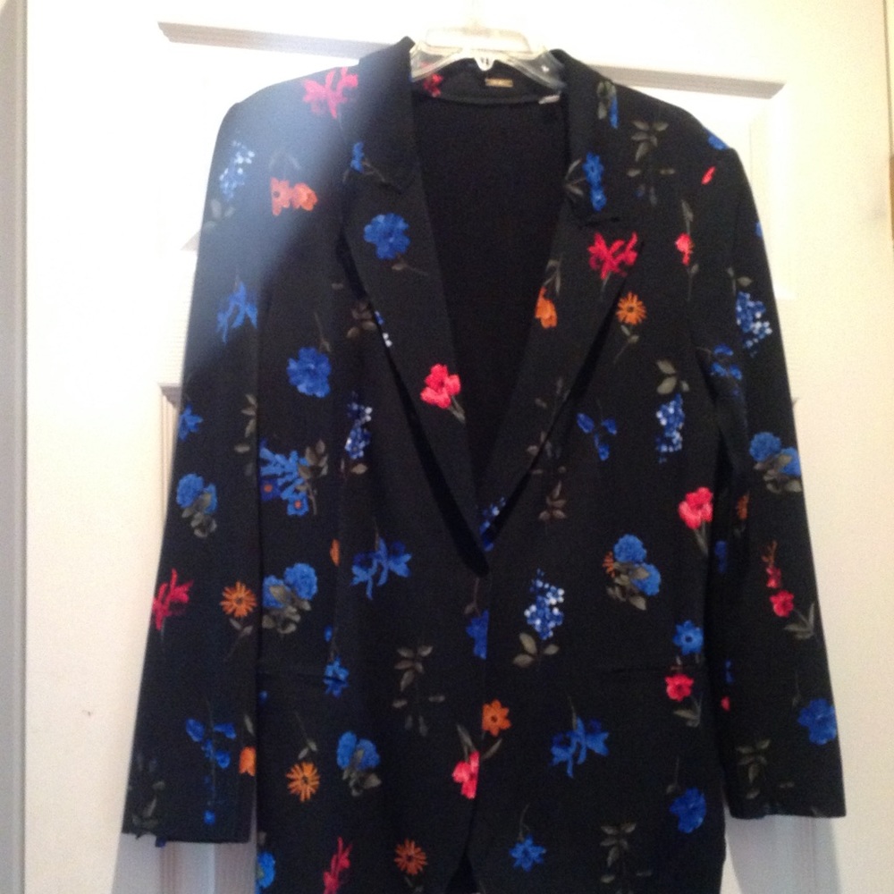 Tahari Black Floral Blazer Red Orange Blue
